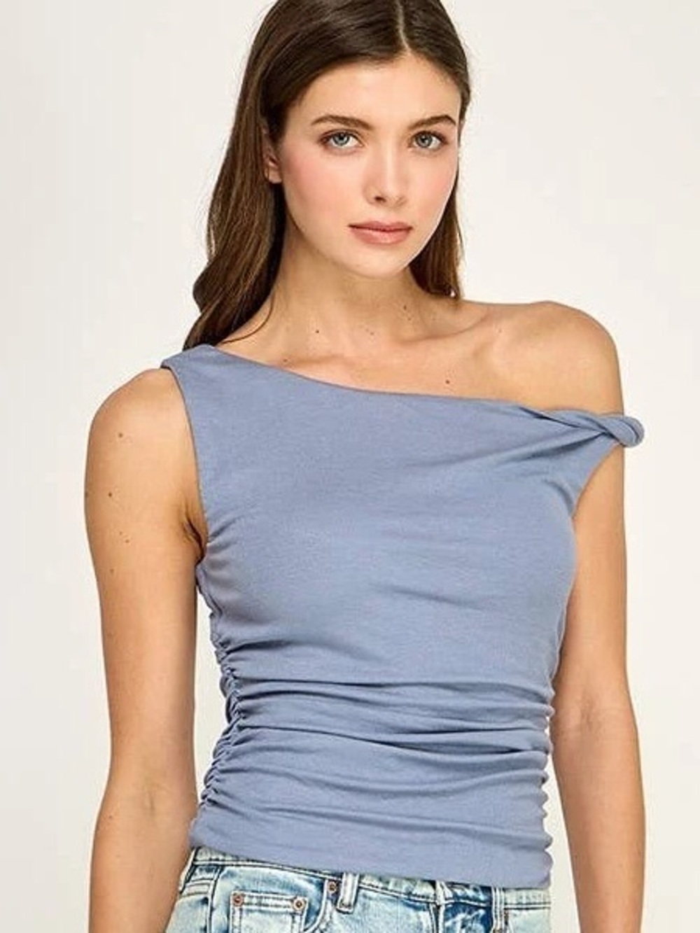 Abercrombie & Fitch One-Shoulder Ruched Tank Top - Light Blue
